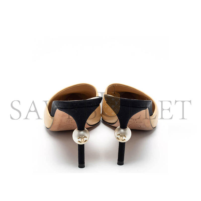 CHANEL BEIGE BLACK LEATHER AND CANVAS CC PEARL EMBELLISHED HEEL MULES  